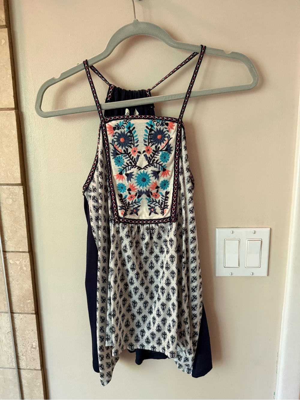 Jolt Navy and Cream Embroidered Detail Top